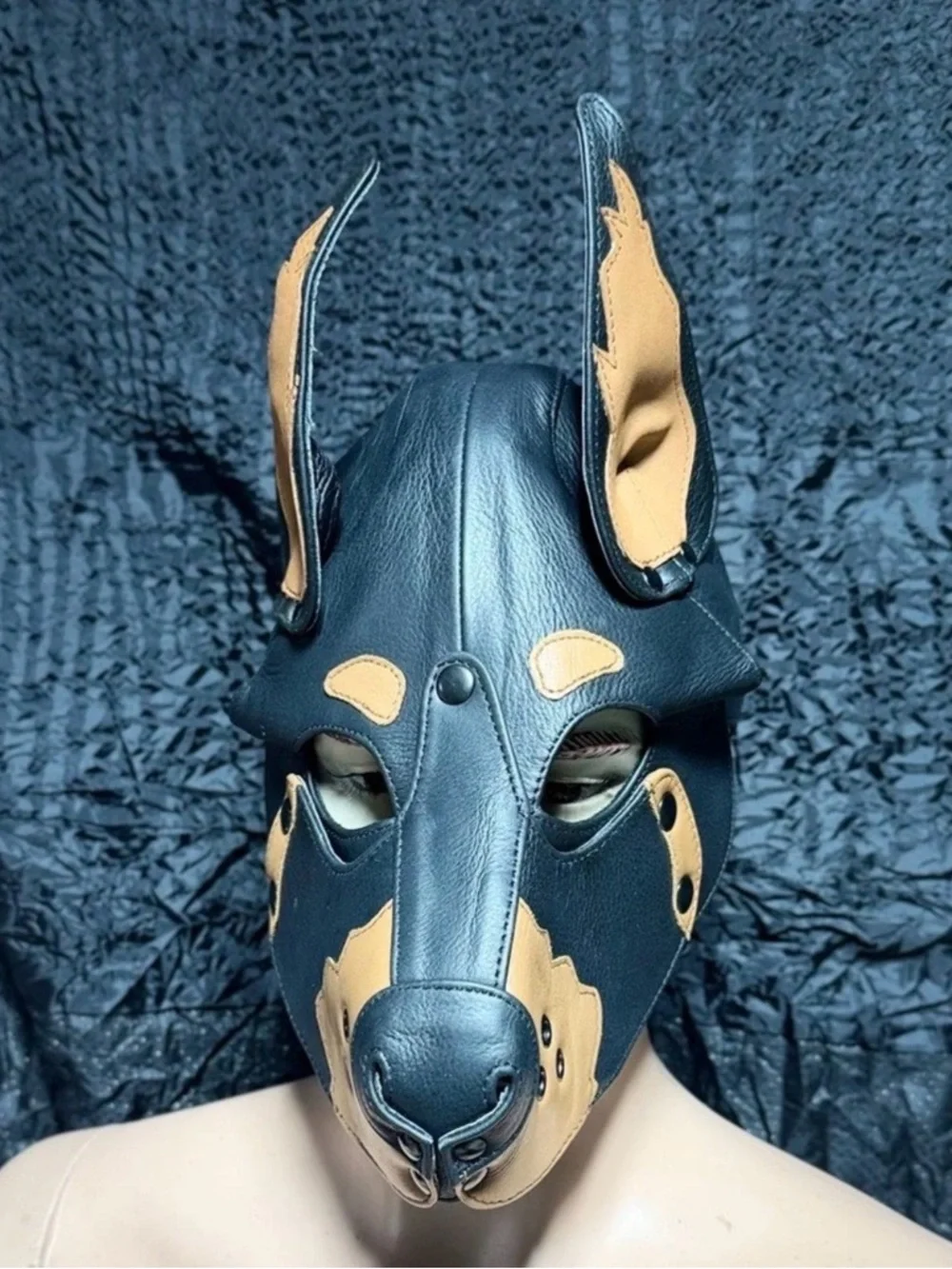 Puppy Leather Mask Hood in Black and Tan - Premium Pet Roleplay Accessory - Picture 1 of 5
